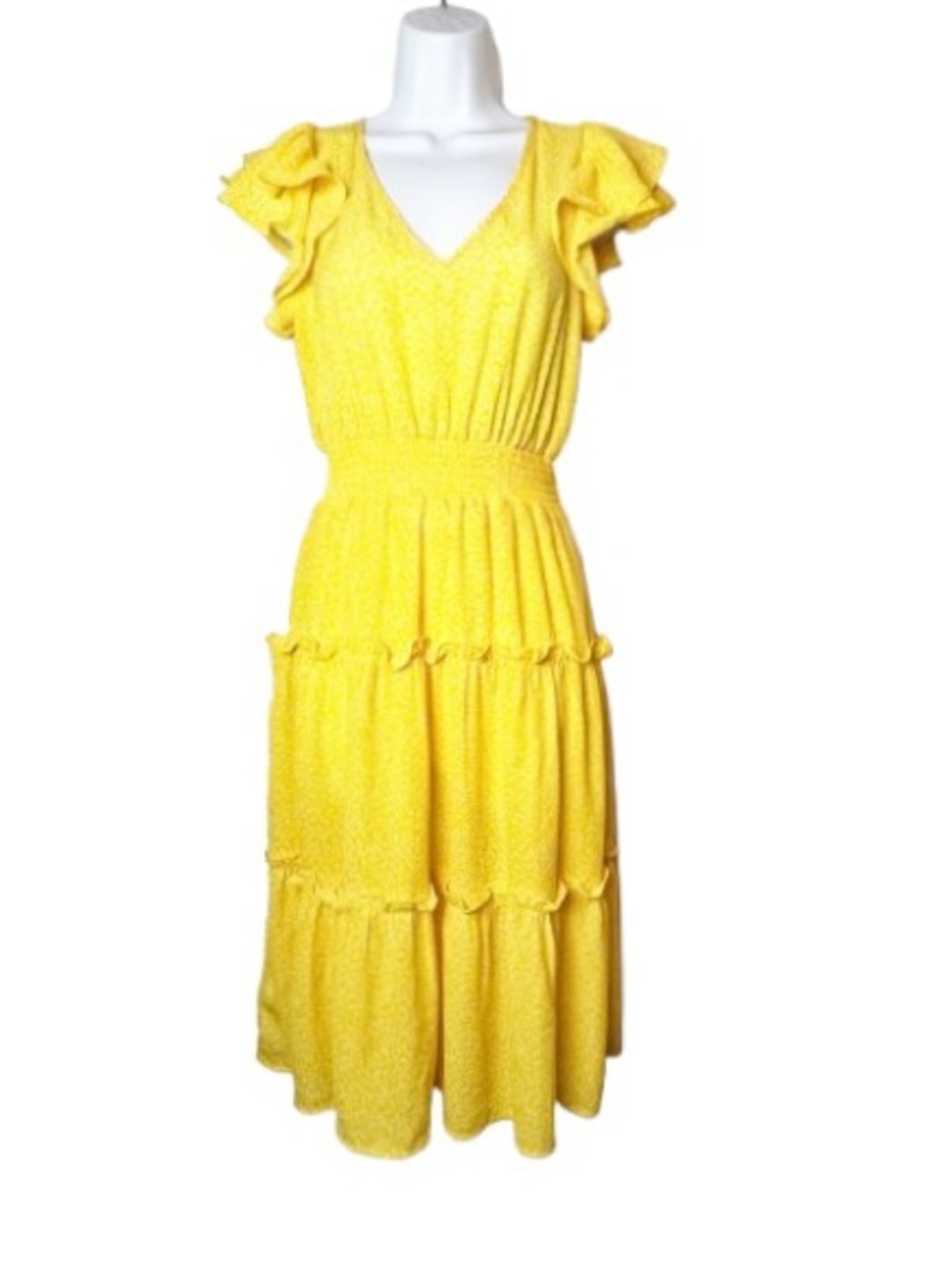 SZ XS Jessica Simpson Yellow and White Speckled Ruffle Sleeve Tiered Midi Dress